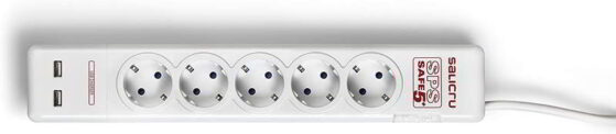 Regleta Salicri blanca de 5 tomas y dos para USB carga. Regletas con protección de sobretensión.